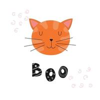 muso carino di un gatto e la scritta boo. illustrazione di doodle kawaii vettore