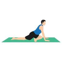 yoga uomo in ardha kapotasana o posa di mezzo piccione. personaggio dei cartoni animati maschile che pratica hatha yoga. uomo che dimostra esercizio durante l'allenamento di ginnastica. illustrazione vettoriale piatta.