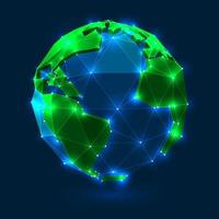 globo terrestre in stile poli basso con linee e punti luminosi collegati su sfondo scuro. illustrazione del globo del mondo con mappa geometrica della terra. disegno dell'icona del pianeta del poligono 3d di vettore. vettore