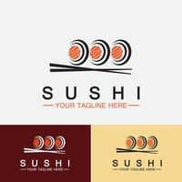 sushi logo template.vector icona stile illustrazione bar o negozio, sushi, rotolo di salmone, sushi e panini con bacchette bar o ristorante modello logo vettoriale