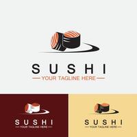 sushi logo template.vector icona stile illustrazione bar o negozio, sushi, rotolo di salmone, sushi e panini con bacchette bar o ristorante modello logo vettoriale