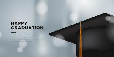 Cappello di laurea realistico 3d per la celebrazione della festa di laurea con banner moderno ed elegante bianco