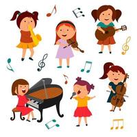 una serie di illustrazioni di cartoni animati di musicisti per bambini, ragazze con strumenti musicali.