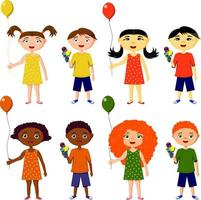 una serie di bambini di diverse nazionalità del mondo in abito, pantaloncini. set di 8 personaggi, ragazzi e ragazze con palloncini e gelato. africa, cina, europa. vettore