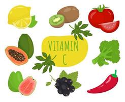 frutta e verdura ad alto contenuto di vitamina c. concetto di nutrizione e alimentazione sana vettore