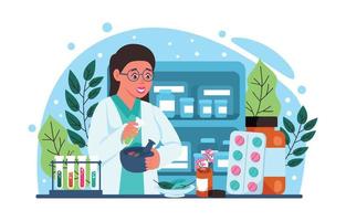 farmacista farmacista che mescola erbe medicinali vettore