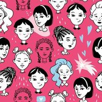 nero senza cuciture su bianco con giovani donne su sfondo rosa. avatar disegnati a mano doodle multiculturali diversi volti femminili. illustrazione vettoriale femminile in stile cartone animato.