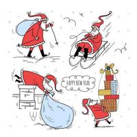 set di natale disegnato a mano. Babbo Natale sta rotolando giù su una slitta, scia, trascinando un sacco di regali nel camino, portando un enorme pacco di regali nelle sue mani. illustrazione di riserva di vettore. vettore