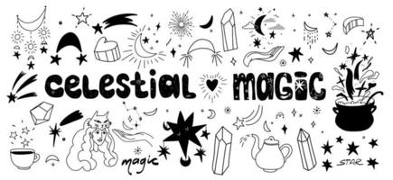 doodle insieme di elementi celesti isolati su sfondo bianco. oggetti mistici magici e parole per clipart, adesivi, stampe. illustrazione vettoriale di stelle brillanti, comete, acchiappasogni.