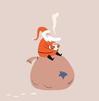 Babbo Natale grasso del fumetto che si siede con una tazza di bevanda calda nelle sue mani. Babbo Natale sorridente su una grande borsa di regali con una toppa sopra. storia di doodle colorato disegnato a mano. illustrazione vettoriale stock isolato.