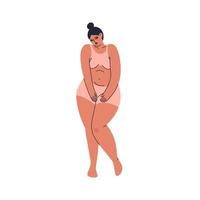 cartone animato timido plus size ragazza in lingerie. una giovane donna è in piedi in mutande rosa, chiudendosi. figura grassoccia femminile isolata. illustrazione stock vettoriale isolato su sfondo bianco.