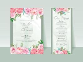 set di carte di invito a nozze con rose rosa vettore