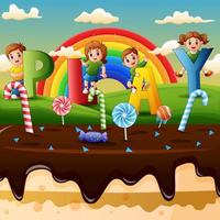 bambini felici che giocano in una terra di caramelle vettore