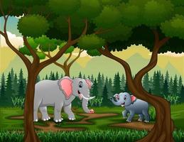 una madre e giovani elefanti nella giungla vettore