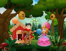 un principe e una principessa di coppia con la casa delle caramelle nella foresta vettore