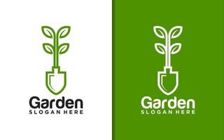 pala con disegno del logo dell'azienda agricola di coltivazione della piantagione del giardino della linea della pianta della foglia vettore