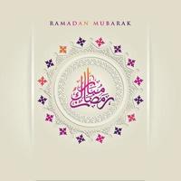 design lussuoso ramadan kareem con calligrafia araba e cerchio floreale mosaico arte islamica ornamento sfondo. vettore