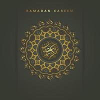 design lussuoso ramadan kareem con calligrafia araba e cerchio floreale mosaico arte islamica ornamento sfondo. vettore
