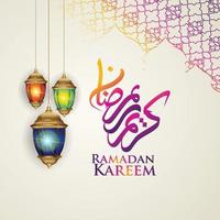 ramadan kareem dal design lussuoso ed elegante con calligrafia araba, lanterna tradizionale e moschea con cancello colorato gradazione per il saluto islamico vettore