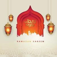 ramadan kareem dal design lussuoso ed elegante con calligrafia araba, lanterna tradizionale e moschea con cancello colorato gradazione per il saluto islamico