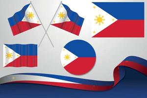 set di bandiere delle Filippine in diversi design icona sventolano bandiere con nastro con sfondo. vettore