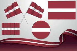 set di bandiere della Lettonia in diversi modelli, icona, bandiere sventolanti con nastro con sfondo. vettore