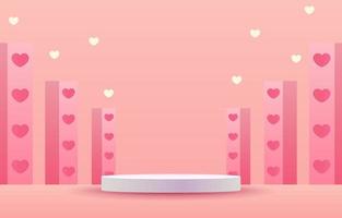 palco rosa per posizionare i prodotti. podio a cilindro vuoto. concetto di amore o San Valentino. sfondo rosa dolce decorato con cuori, scatole regalo e borse della spesa. progettato per sfondo, banner vettore