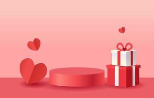 bellissimo sfondo per San Valentino o amore. il podio cilindrico è uno stand per mostrare i prodotti. decorato con cuori e scatole regalo. design per banner, web, app mobile, carta, sfondo, promozione. vettore