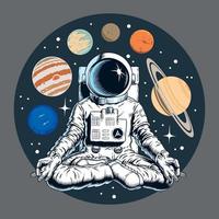 astronauta che medita nella posa del loto. pianeti e stelle sullo sfondo. appulse, o parata planetaria. illustrazione vettoriale di yoga spaziale.