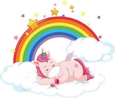 unicorno rosa sdraiato sulla nuvola con arcobaleno in stile cartone animato vettore
