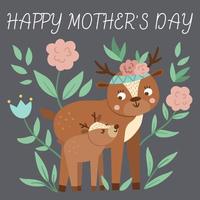 vettore biglietto per la festa della mamma con simpatico animale boho. disegno pre-fatto con cerbiatto del bosco con la madre. poster in stile bohémien con famiglia di cervi e fiori su sfondo grigio.