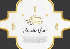 ramadan kareem con calligrafia araba, lanterne, stelle ornamento islamico vettore