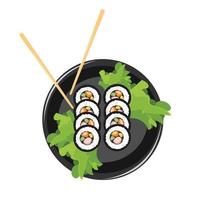 bacchette, con in mano involtini di sushi. concetto di snack, sushi, cibo esotico, ristorante di sushi, frutti di mare. isolato su sfondo bianco. illustrazione vettoriale di design moderno di tendenza in stile piatto