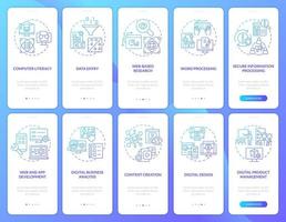 competenze digitali, set di schermate per app mobili onboarding gradiente blu di alfabetizzazione. procedura dettagliata 5 passaggi pagine di istruzioni grafiche con concetti lineari. ui, ux, modello gui. sono stati utilizzati una miriade di caratteri normali in grassetto vettore