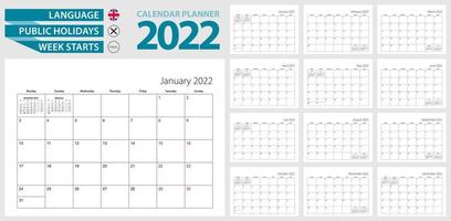 pianificatore del calendario da parete per il 2022. lingua inglese, la settimana inizia da lunedì. vettore