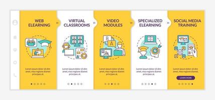 modello di onboarding giallo tipi di elearning. istruzione in linea. sito Web mobile reattivo con icone concettuali lineari. procedura dettagliata della pagina web in 5 schermate. lato-grassetto, caratteri regolari utilizzati vettore