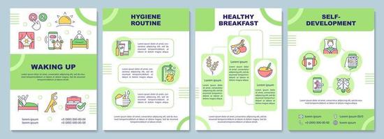 svegliarsi modello di brochure verde. consigli per le attività mattutine. design per la stampa di opuscoli con icone lineari. layout vettoriali per presentazioni, relazioni annuali, annunci. arial-nero, una miriade di caratteri pro-regolari utilizzati