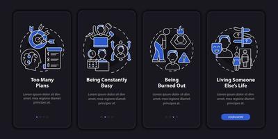 sbilanciato vita notturna modalità onboarding dello schermo dell'app mobile. procedura dettagliata di squilibrio 4 passaggi pagine di istruzioni grafiche con concetti lineari. ui, ux, modello gui. sono stati utilizzati una miriade di caratteri normali in grassetto vettore