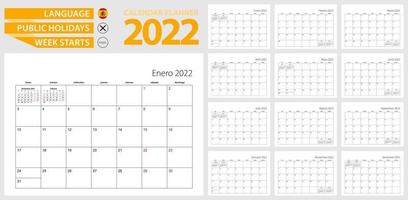 pianificatore del calendario spagnolo per il 2022. lingua spagnola, la settimana inizia da lunedì. modello vettoriale. vettore