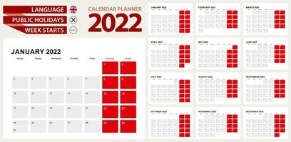 Progettazione del pianificatore del calendario 2022. la settimana inizia da lunedì vettore
