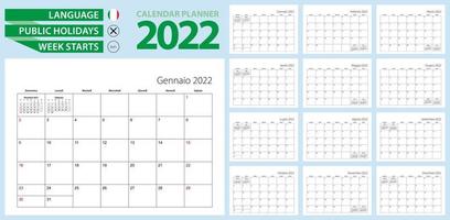 pianificatore di calendario italiano per il 2022. lingua italiana, la settimana inizia da domenica.