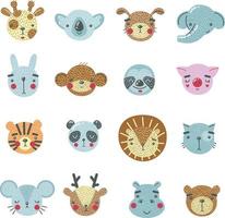 set di simpatici animali dei cartoni animati per baby card, invito e stampa. set di facce di animali. illustrazione vettoriale. gatto, orso, topo, cervo, ippopotamo, leone, panda, tigre, maiale, bradipo, scimmia, coniglio, cane vettore
