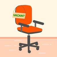 sedia da ufficio vuota con segno vacante. concetto di lavoro, posto vacante e assunzione. sedia lavoro vacante, ricerca dipendente. vettore