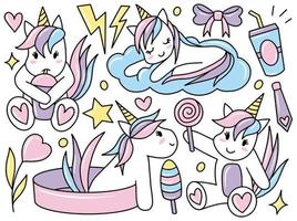 collezione di clip art doodle gatto unicorno vettore