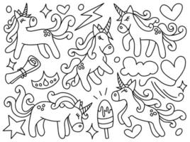 collezione d'arte al tratto doodle di unicorno vettore