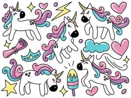 collezione di clip art di doodle di unicorno vettore