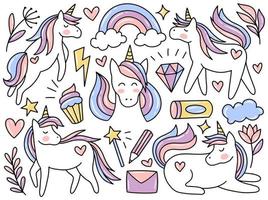 collezione di clip art di doodle di unicorno vettore