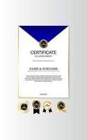 modello di progettazione premio certificato colore blu scuro. certificato moderno pulito con badge d'oro. modello di bordo certificato con motivo a linea di lusso moderno. vettore