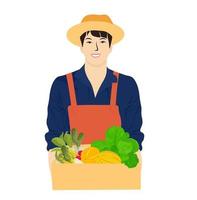 un contadino tiene una scatola di verdure. illustrazione di riserva di vettore. un uomo con un cappello di paglia, sorridente, consegna un cesto di cibo eco-benessere. un poster per un negozio di prodotti alimentari. vettore