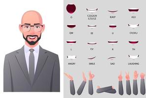 animazione del viso del personaggio dell'uomo d'affari di mezza età e animazione della bocca con diversi set di gesti. vettore